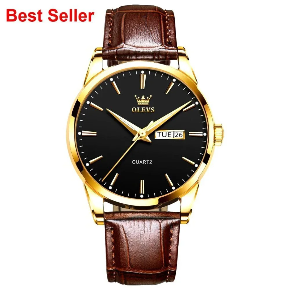 Men's Leather Watch Stainless Steel Day Date Waterproof Luminous